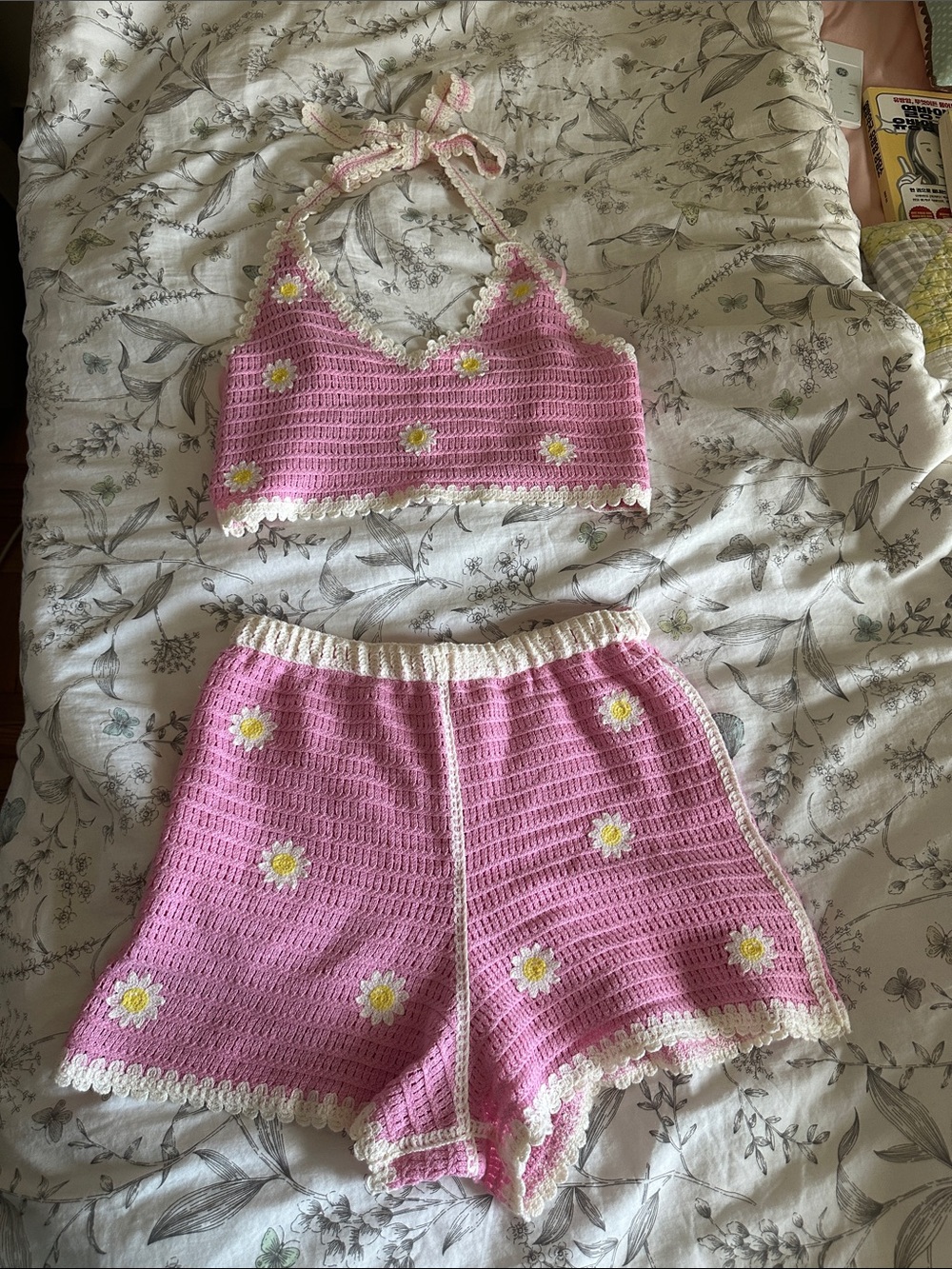 Pink Crochet Daisy Halter Crop Top & Shorts Set